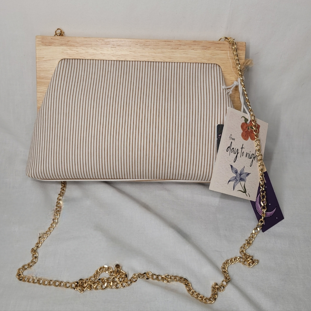 Haute Hippie Clutch/Crossbody w/ Detachable Chain, Light Wood Handle